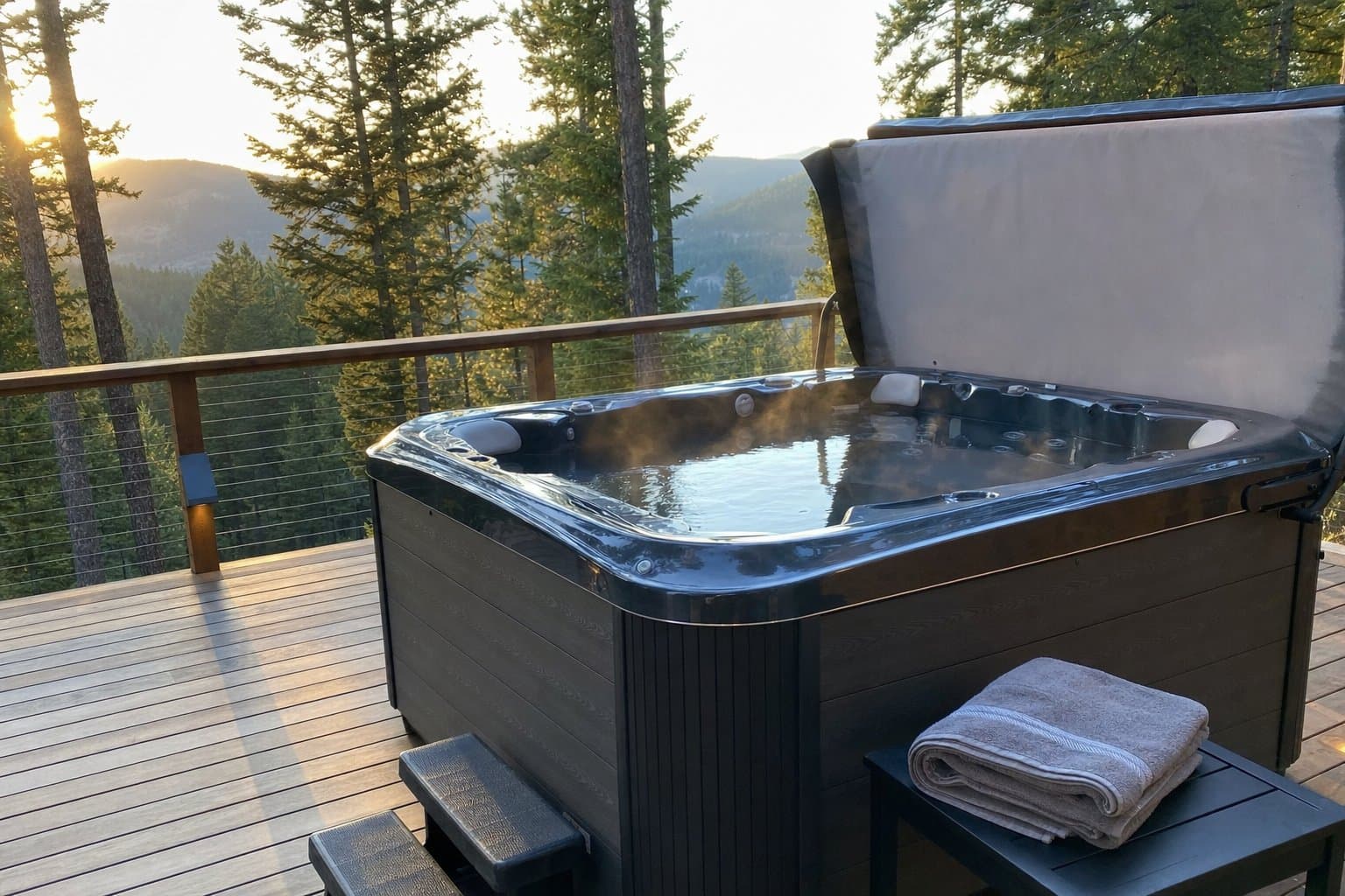 A well-maintained residential hot tub on a deck in the Liberty Lake area