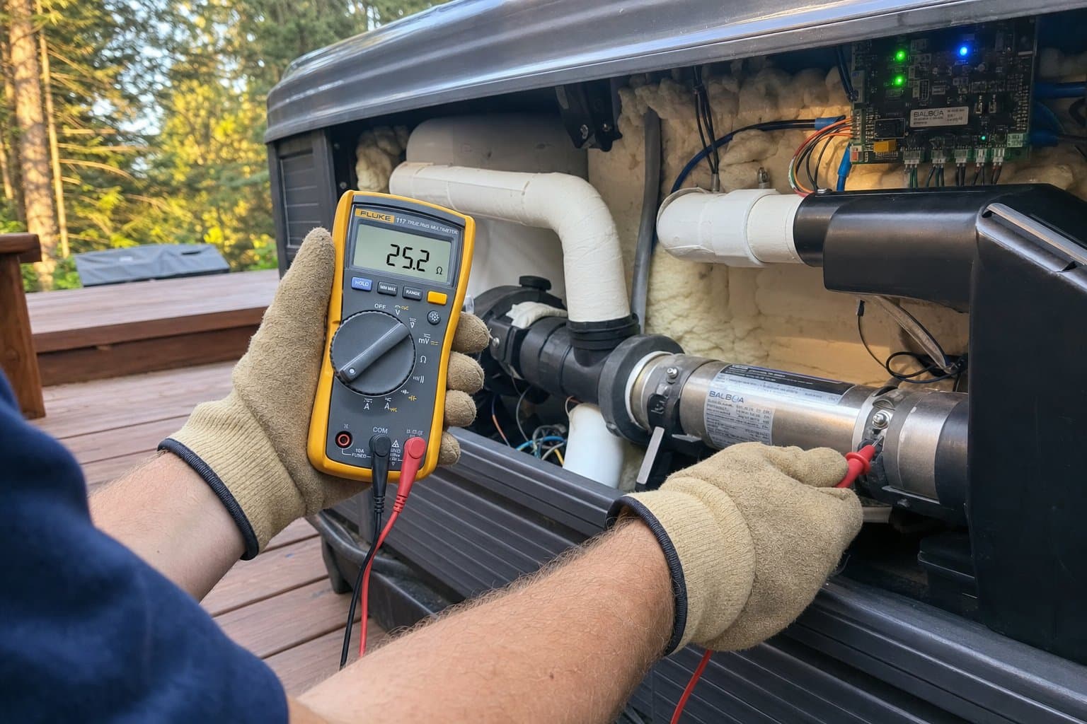 Hot tub repair technician diagnosing a heater element in Liberty Lake